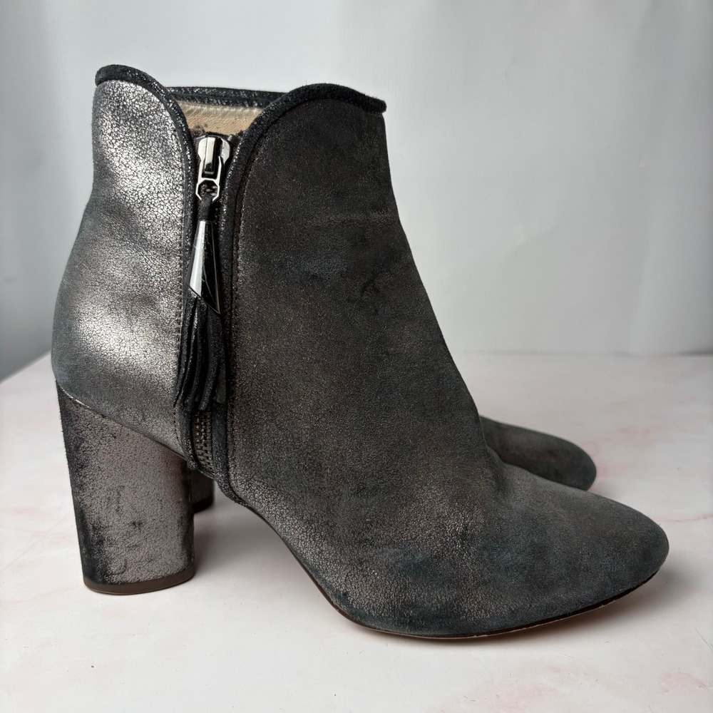 Louise et Cie Zirelle Metallic Charcoal Leather Ankle Booties Block Heel 9.5M